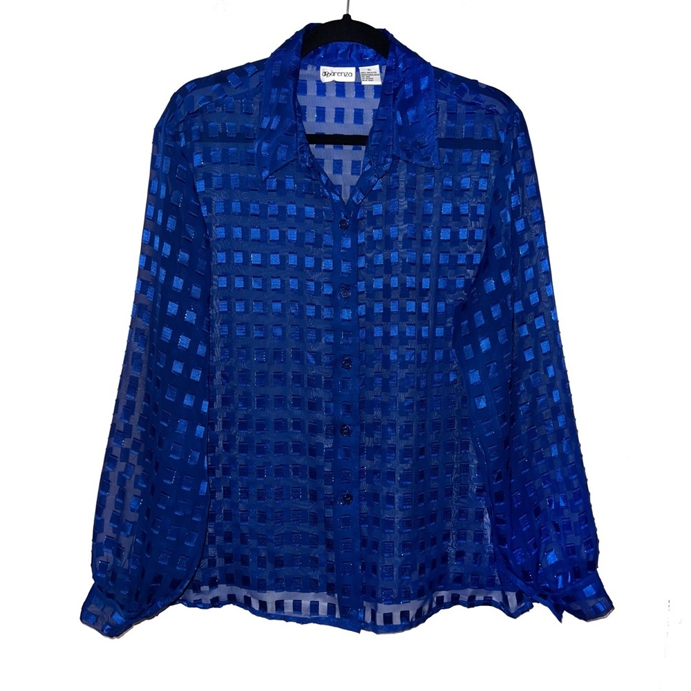 Vintage Apparenza Blue Sheer Square Metallic Embellished Button Down Blouse